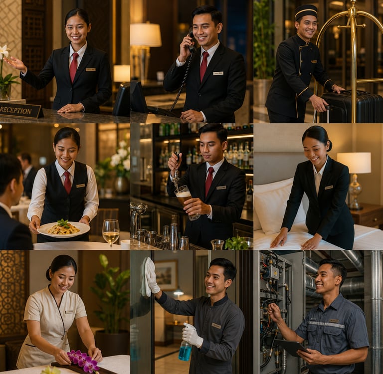 Professional hotel staff providing hospitality services including reception, concierge, dining, and housekeeping.