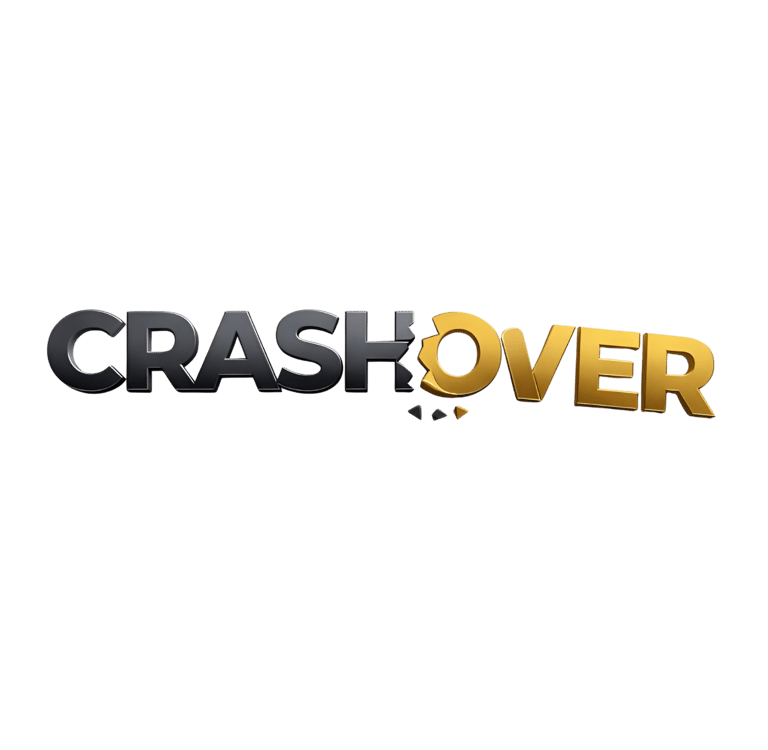 CRASHOVER 3D logo featuring metallic black and gold text with a cracked letter O.