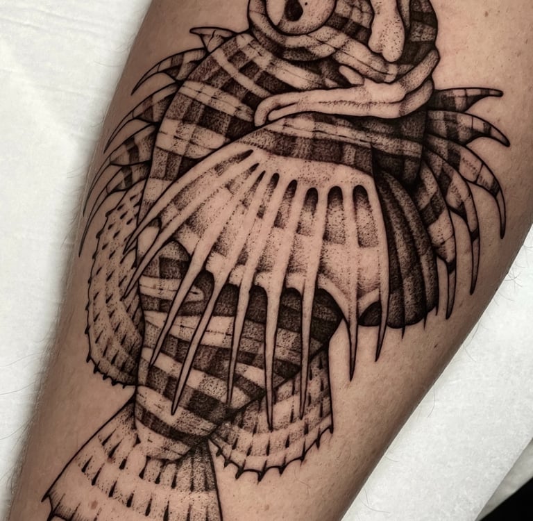 tatouage de rascasse en noir et blanc 