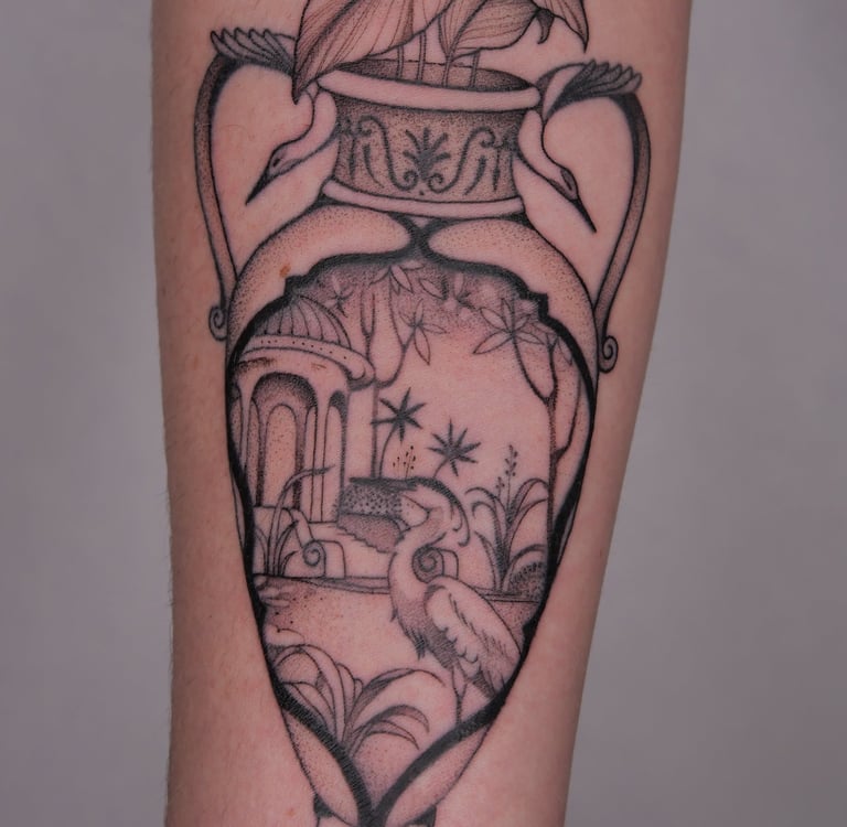 tatouage d'un vase avec des fleurs en fine line noir et blanc 