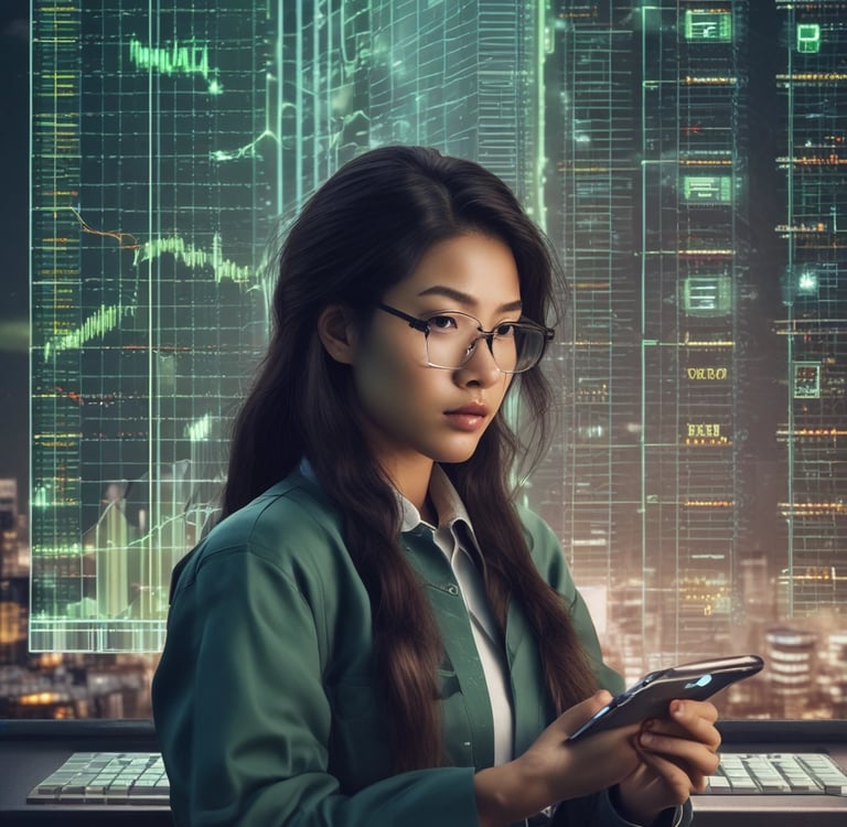 A female data analyst with glasses monitors financial stock market charts on a digital screen.