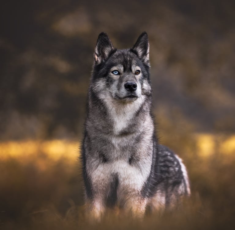 Huskyhündin agoutifarben mit zwei verschieden farbigen Augen.