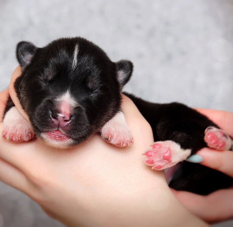 Schwarz-weißer Huskywelpe liegt in der Hand.