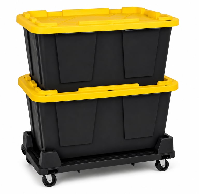 Two black totes with yellow lids on a black tote dolly