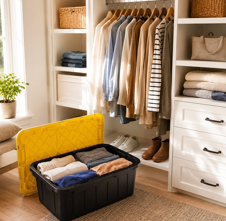 black and yellow tote packed in closet