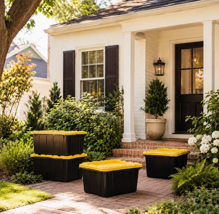 black and yellow totes outside of a home