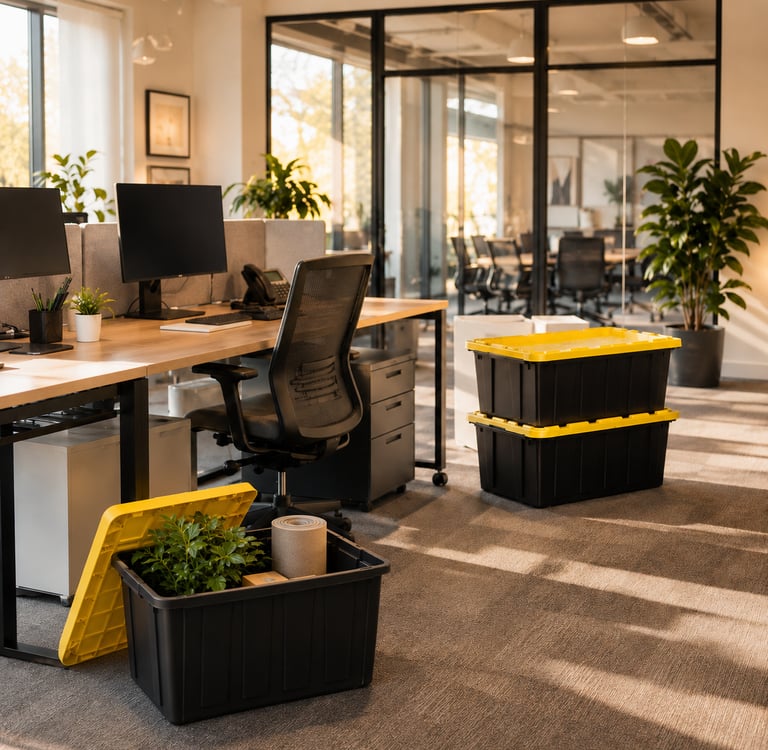 black and yellow totes in an office
