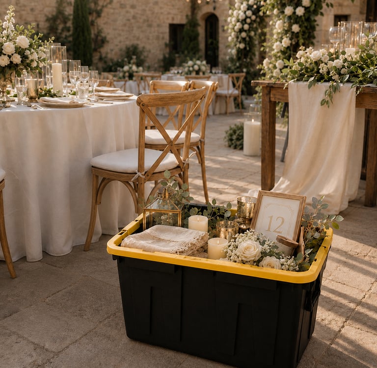 black and yellow tote packed with wedding and event decorations