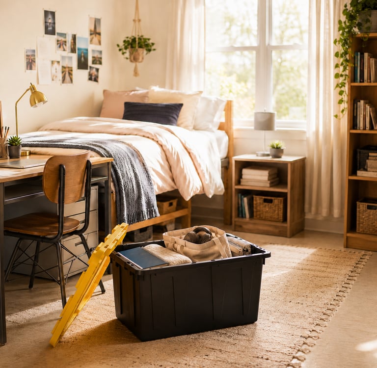 black and yellow tote on the floor of a college dorm room