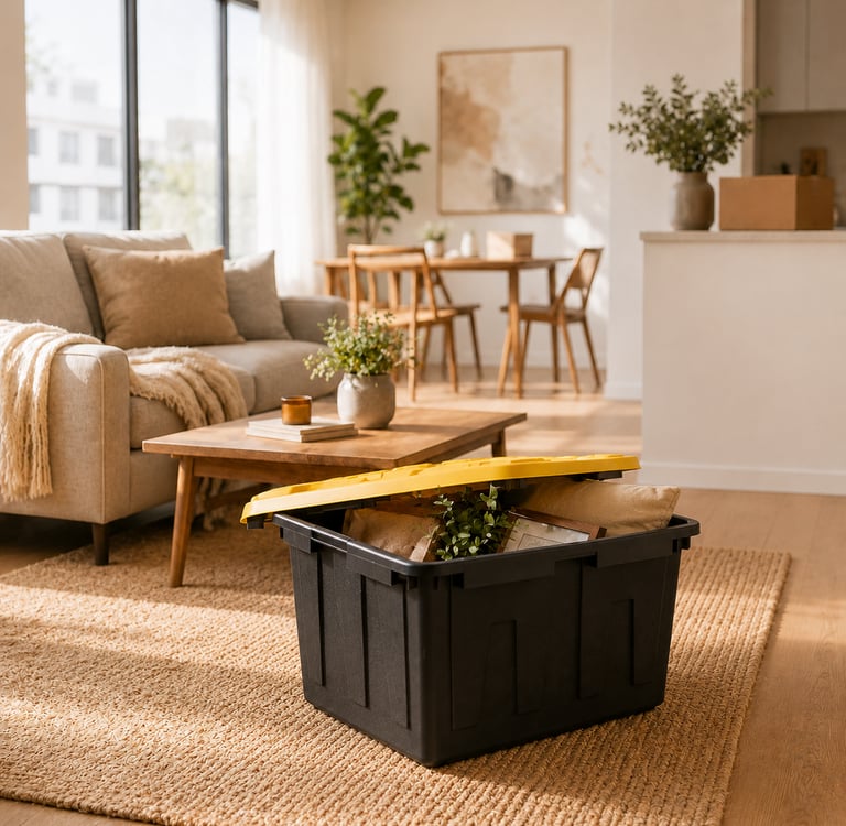 black and yellow tote packed on the floor of an apartment living room