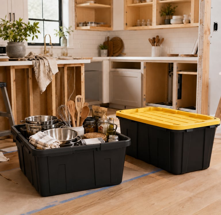 black and yellow totes packed with kitchen and cooking items during a renovation