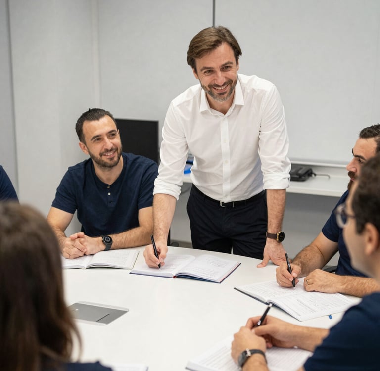 A classroom setting with attentive participants watching a quality management system presentation.