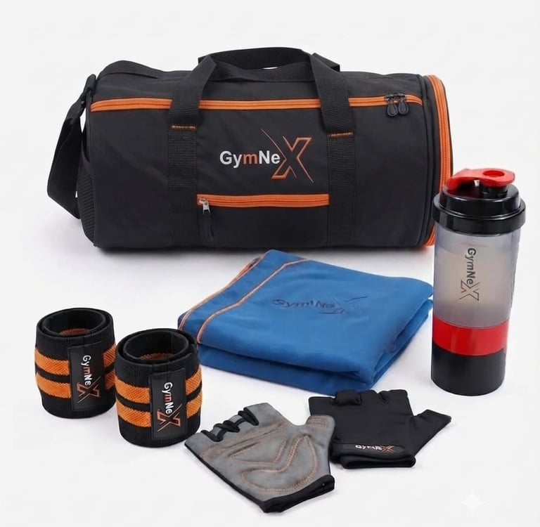 Black and orange gym bag set with workout gloves, wrist wraps, blue towel, and protein shaker bottle.