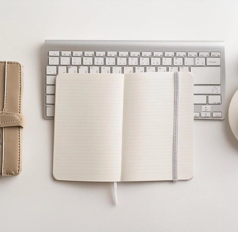 Bureau de travail minimaliste avec ordinateur, carnet et café – organisation administrative