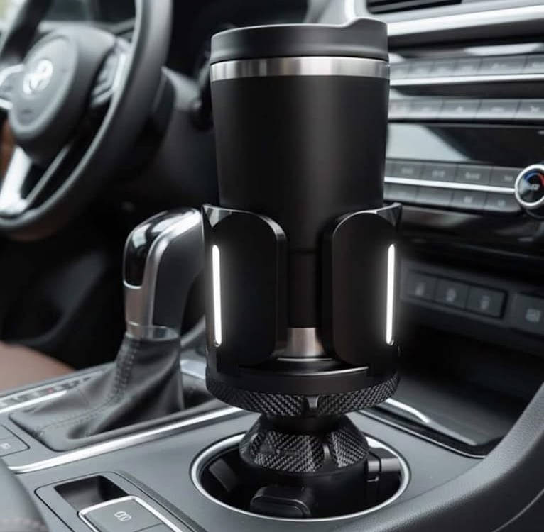 Insulated travel mug secured in a car cup holder for spill free drinks while driving