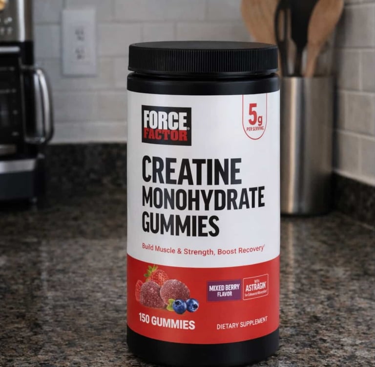 Force Factor Creatine Gummies in a bottle on a counter