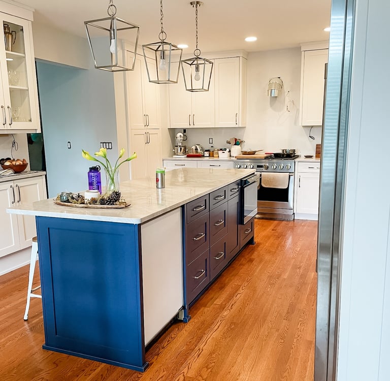 Custom kitchen island and cabinetry designed and built by Pearce Woodworks Detroit. 