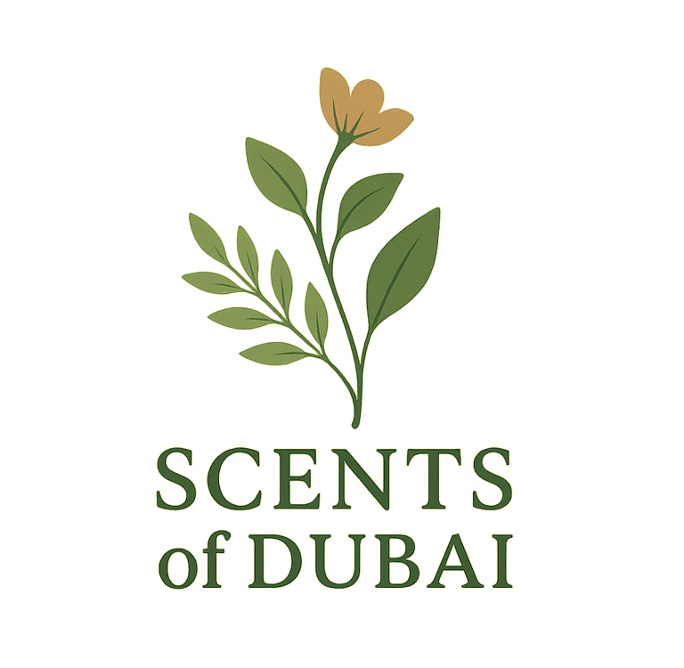 Scents of Dubai logo featuring a green botanical floral illustration and elegant typography on a black background.