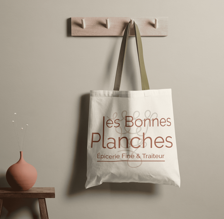 Logo Les Bonnes Planches centré sur un sac en toile naturelle