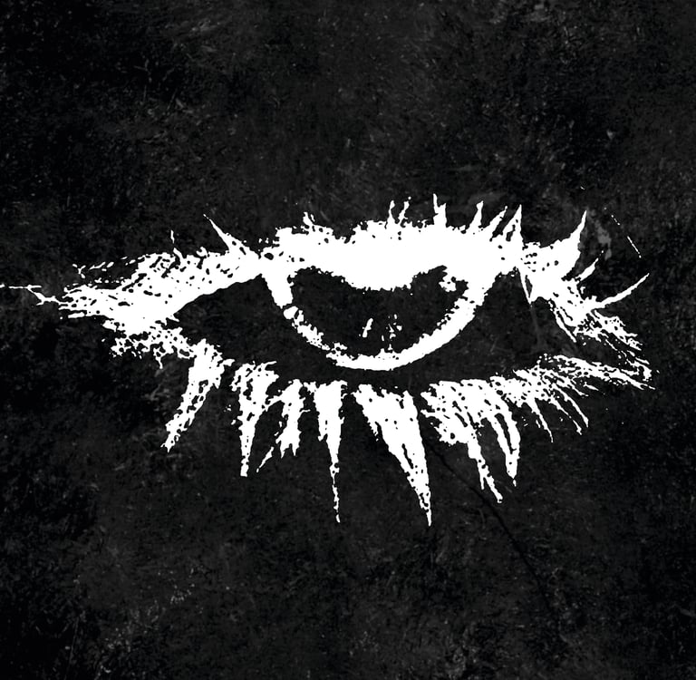 Grungy white charcoal drawing of a human eye on a dark textured black background.