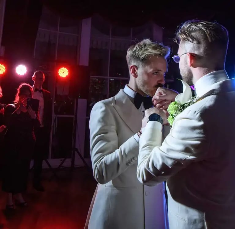 LGBTQ+ wedding couple have their first dance at The Trafalgar Tavern Greenwich