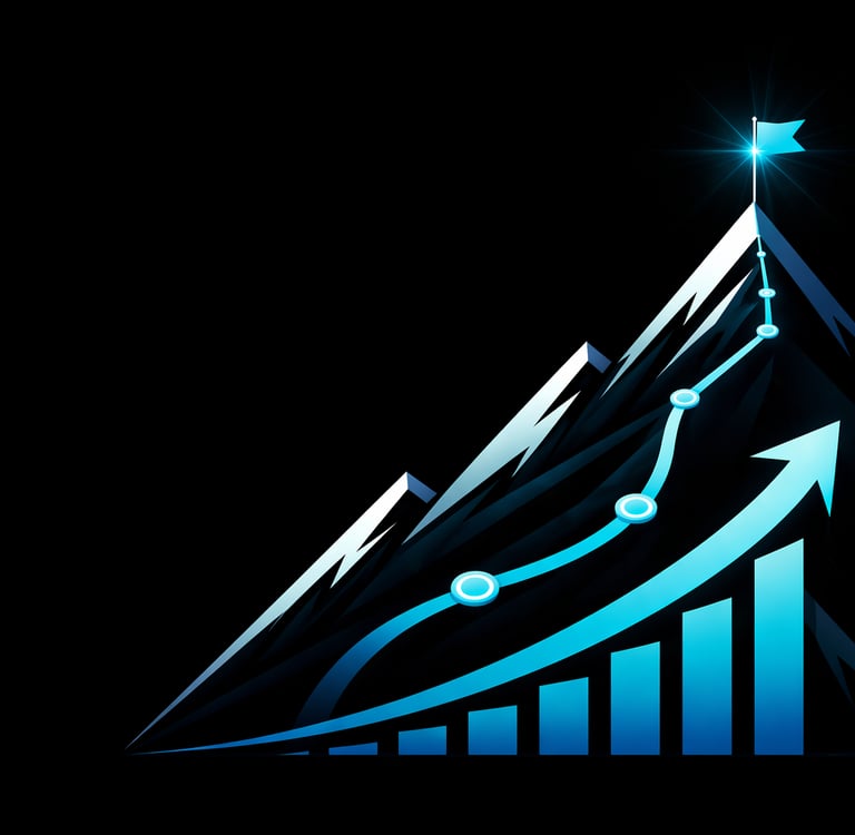 Mountain with camps represented by dots all the way up. Summit has a flag for final destination