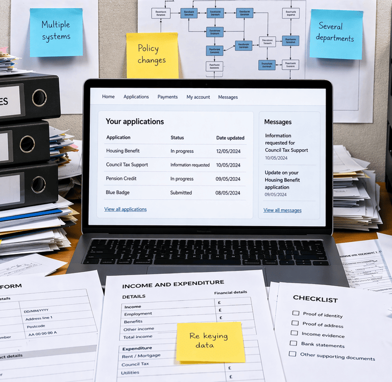 A cluttered office desk with stacks of binders and papers surrounding a laptop.