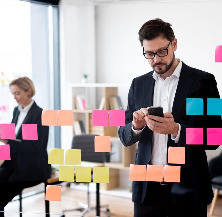 A man in a suit uses his smartphone, surrounded by colorful sticky notes on glass.