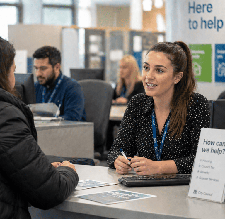 A woman in a black jacket talks with a smiling receptionist at a customer service desk