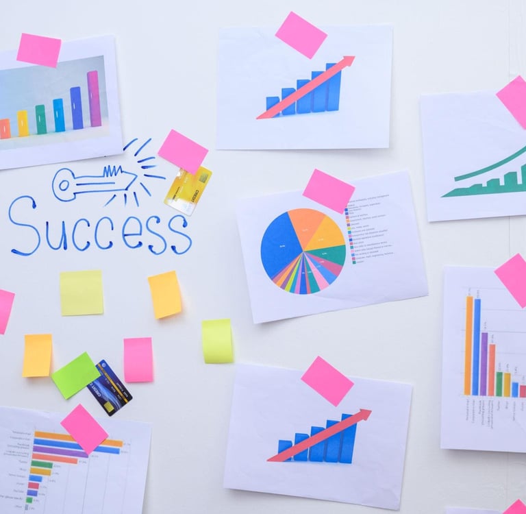 Charts and graphs with colorful sticky notes are arranged around the word "Success" on a wall