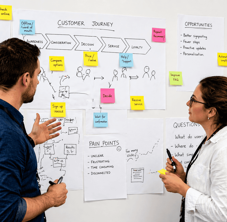 Two people discuss a customer journey map on a wall covered with diagrams and sticky notes.
