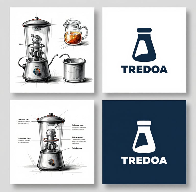 Industrial design sketches of modern kitchen appliances including blenders and storage containers.