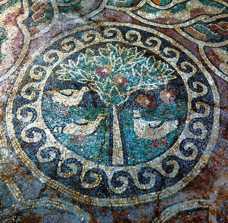 Ancient Roman floor mosaic featuring a detailed tree of life and birds within a circular border.