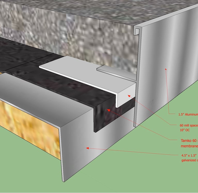 Balcony edge detail with aluminum T-Bar as finished edge.