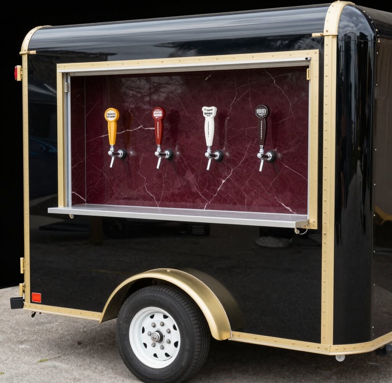 A friendly bartender serving drinks from a mobile tap trailer at a lively outdoor event.