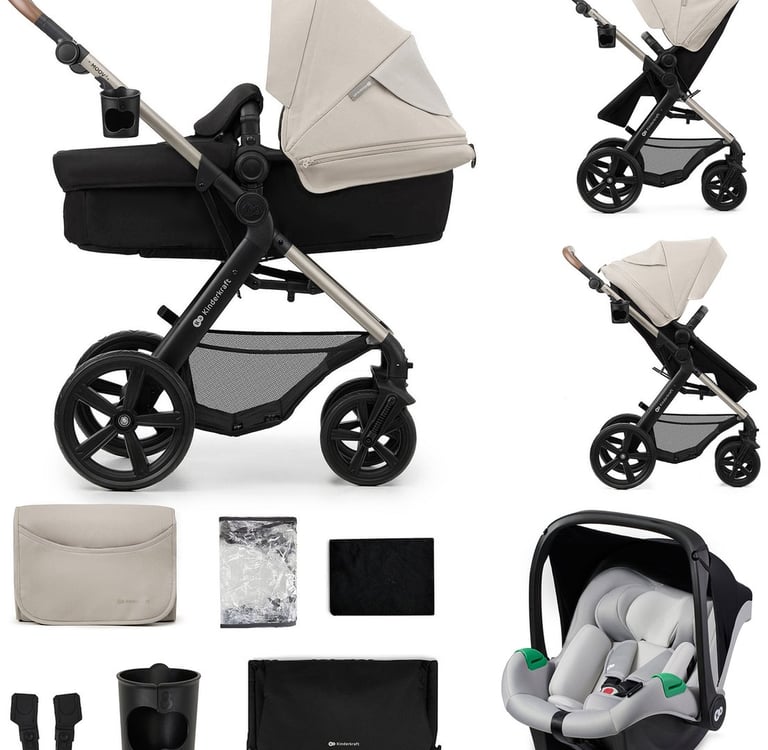 Complete 3-in-1 kinderwagen set met reiswieg, wandelwagenzitje en stevige wielen.