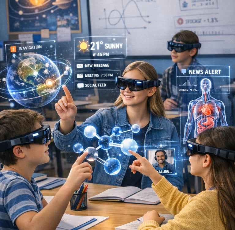 Imagem de alunos interagindo com conteúdo 3D em sala de aula.