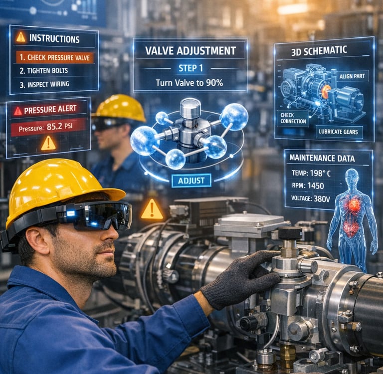 Técnico utilizando realidade aumentada para visualizar instruções sobre uma máquina em operação.