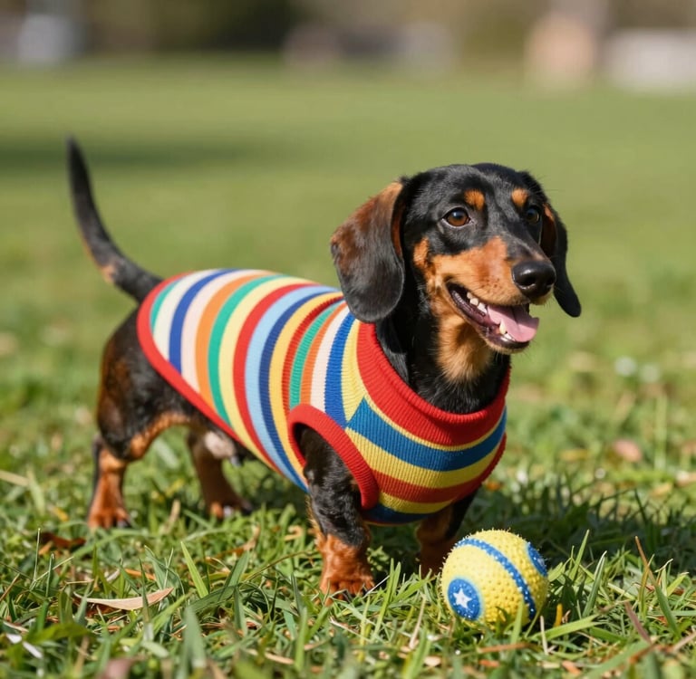 perrito salchicha con sueter de colores en el pasto junto a una pelota