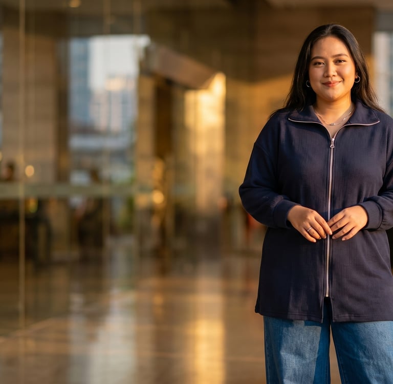 Smiling woman wearing a navy blue zip-up cardigan and jeans standing in a modern office building