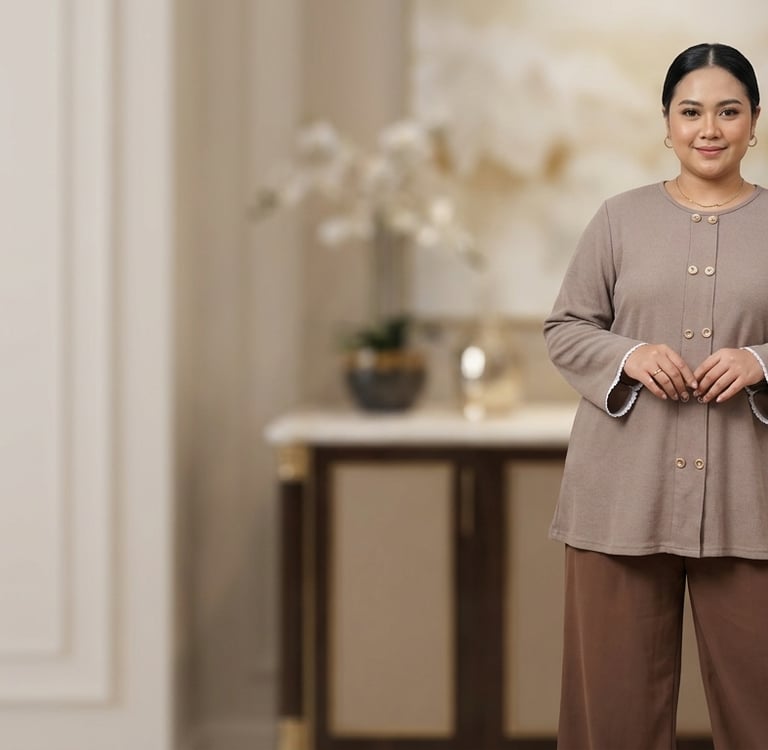 A woman wearing a stylish taupe double button blouse and brown trousers in a modern home interior.
