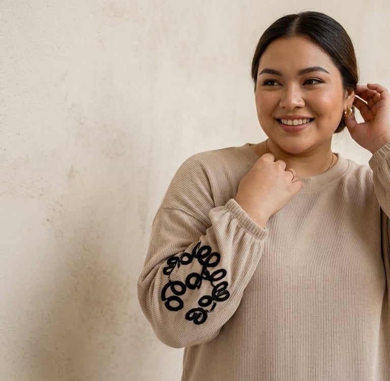 Smiling woman in a beige embroidered long sleeve shirt posing against a neutral wall.