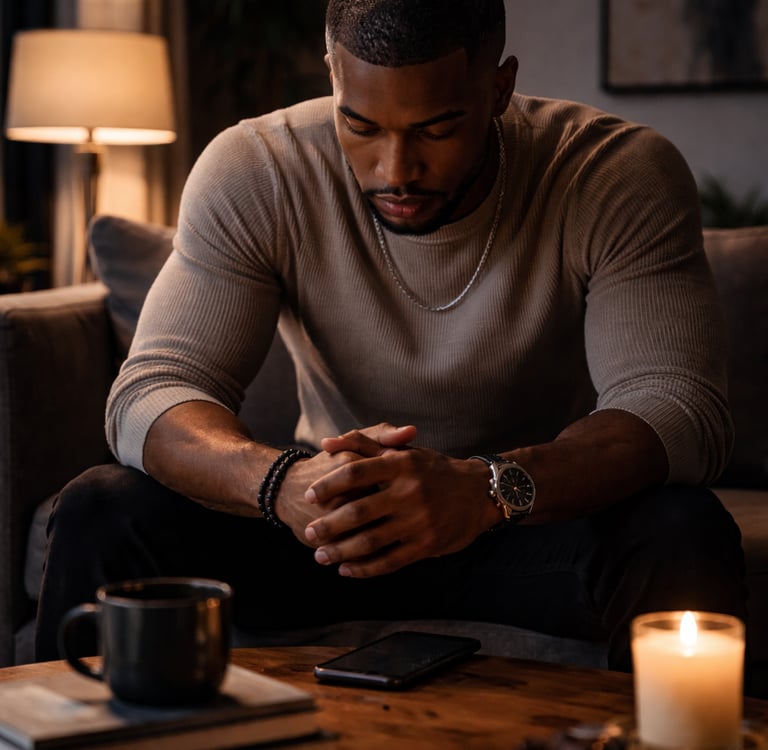 Man sitting alone at night with phone face-down,showing the pressure behind the man box meaning