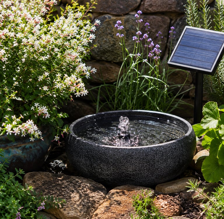 Solar-powered water fountain in a flower garden