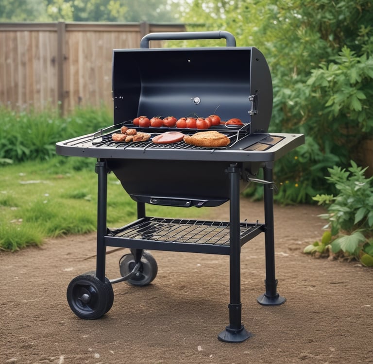 Portable black charcoal grill cooking fresh tomatoes and meat on an outdoor patio.