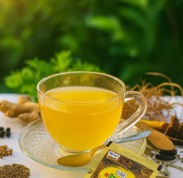 Samahan herbal tea in a glass cup surrounded by ayurvedic ingredients like ginger and cumin seeds.