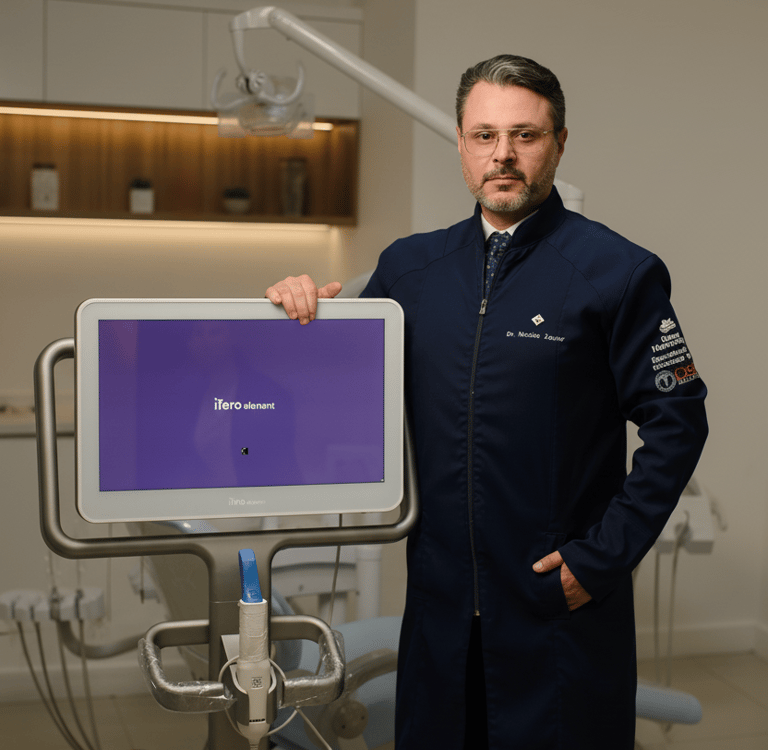 Especialista em implantes dentários realizando planejamento digital em clínica odontológica em Santi