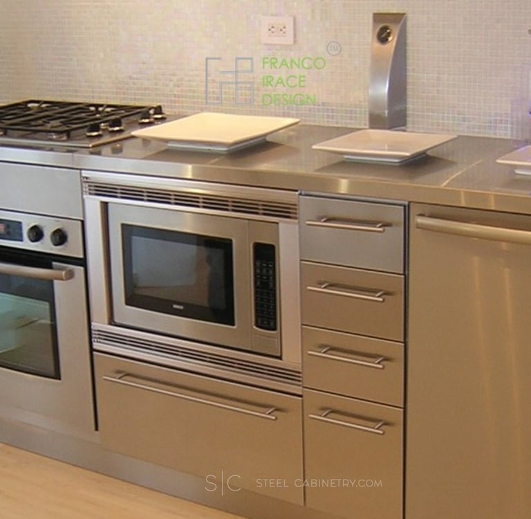 Architectural stainless steel kitchen cabinets with built-in appliances and modern design