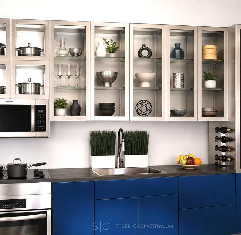 stainless steel and blue steel doors