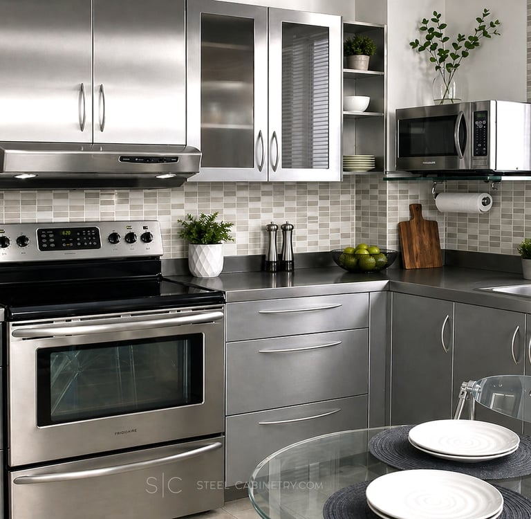 All stainless steel cabinets and counter top